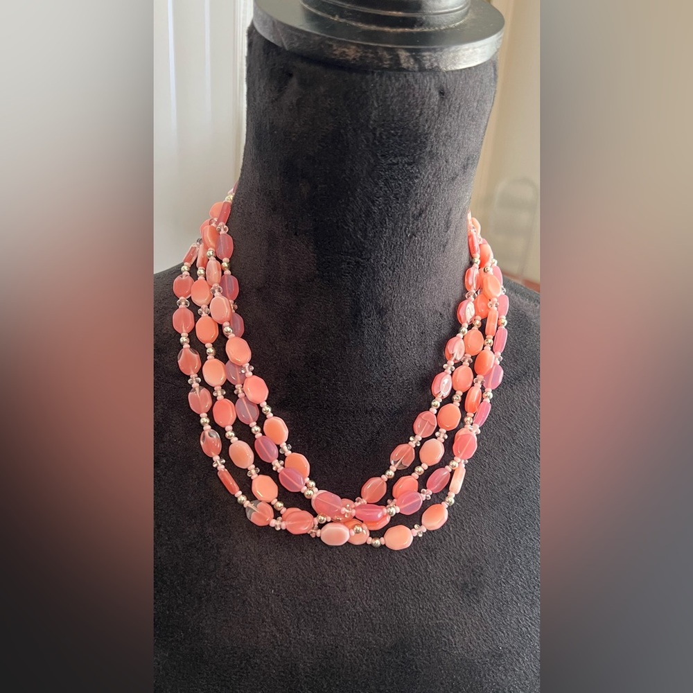 Vintage Silver Toned CZ Multi-Strand Coral Pink Beaded Necklace